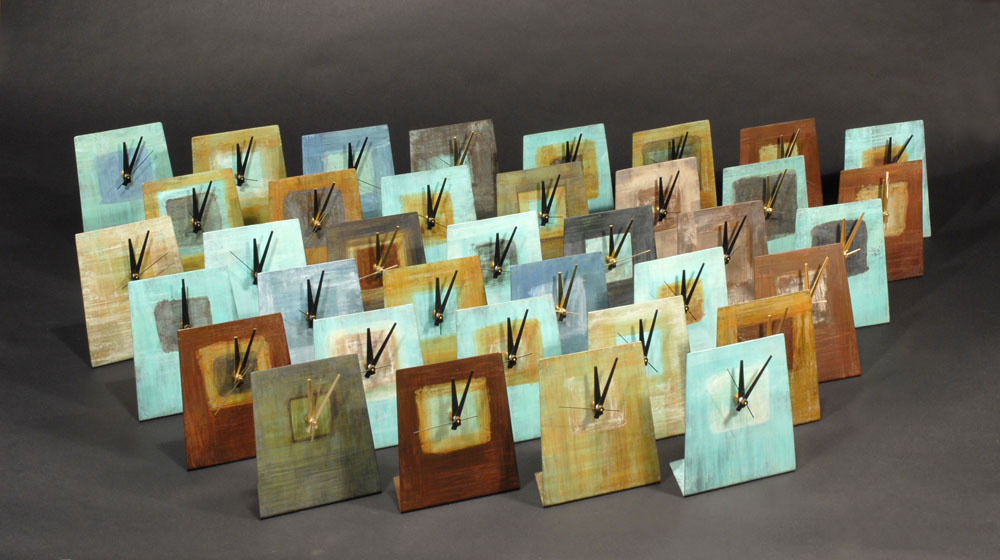 desk clocks in square patterned patina colors