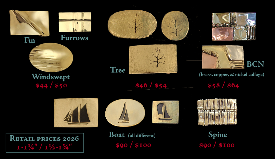 Photograph of several styles of brass belt buckles